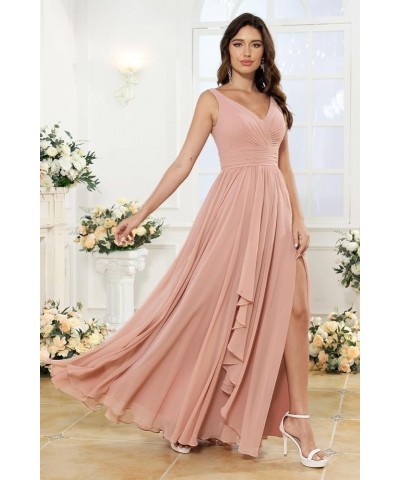 Women's V-Neck Bridesmaid Dresses with Slit Long Chiffon Ruffle Formal Party Dresses with Pleated XOD110 Mulberry $31.20 Dresses