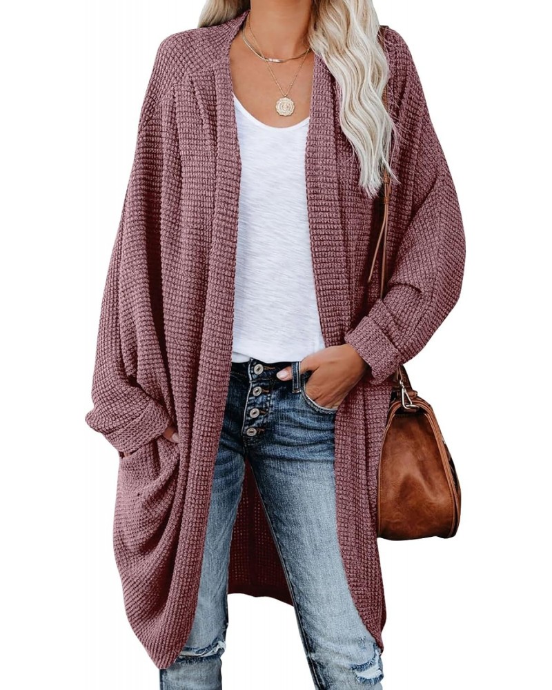 Women's Waffle Knit Batwing Long Sleeve Cardigan Loose Open Front Sweater Coat Fuchsia $24.74 Sweaters