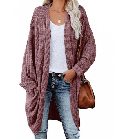 Women's Waffle Knit Batwing Long Sleeve Cardigan Loose Open Front Sweater Coat Fuchsia $24.74 Sweaters