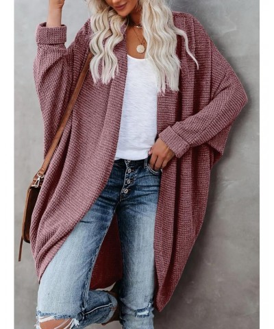 Women's Waffle Knit Batwing Long Sleeve Cardigan Loose Open Front Sweater Coat Fuchsia $24.74 Sweaters