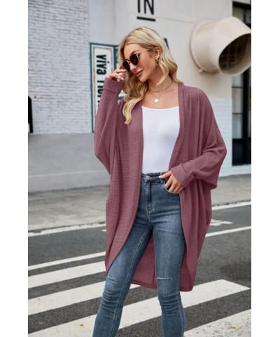 Women's Waffle Knit Batwing Long Sleeve Cardigan Loose Open Front Sweater Coat Fuchsia $24.74 Sweaters