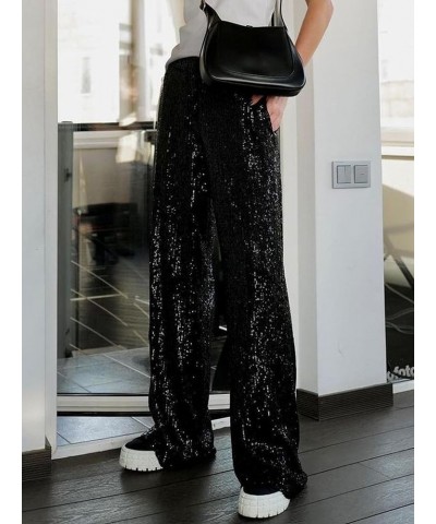 Womens Glitter High Waist Wide Leg Sparkle Sequin Bling Elastic Straight Flare Bell Loose Shiny Pants Glitter-black $13.67 Pants