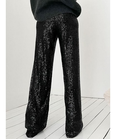 Womens Glitter High Waist Wide Leg Sparkle Sequin Bling Elastic Straight Flare Bell Loose Shiny Pants Glitter-black $13.67 Pants