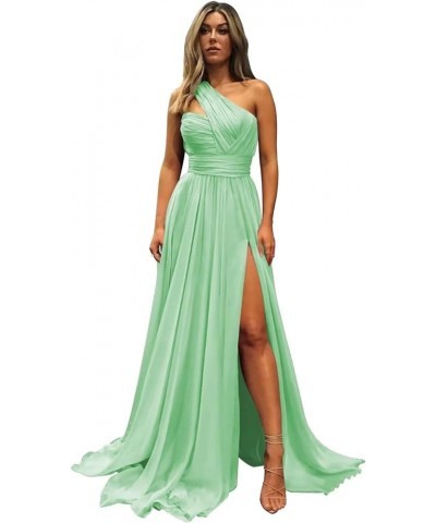 One Shoulder Chiffon Bridesmaid Dress with Pockets Long Slit Pleated Maid of Honor Dress A Line for Wedding ZD18 Mint Green $...