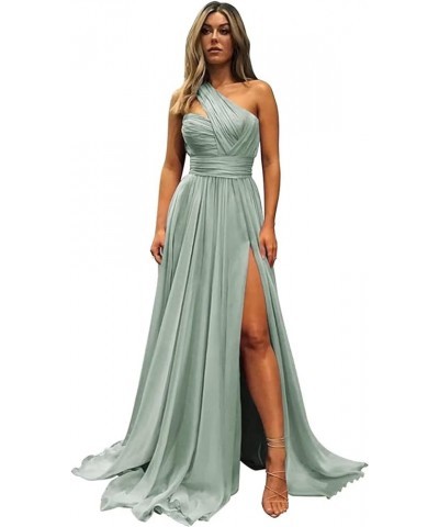 One Shoulder Chiffon Bridesmaid Dress with Pockets Long Slit Pleated Maid of Honor Dress A Line for Wedding ZD18 Mint Green $...