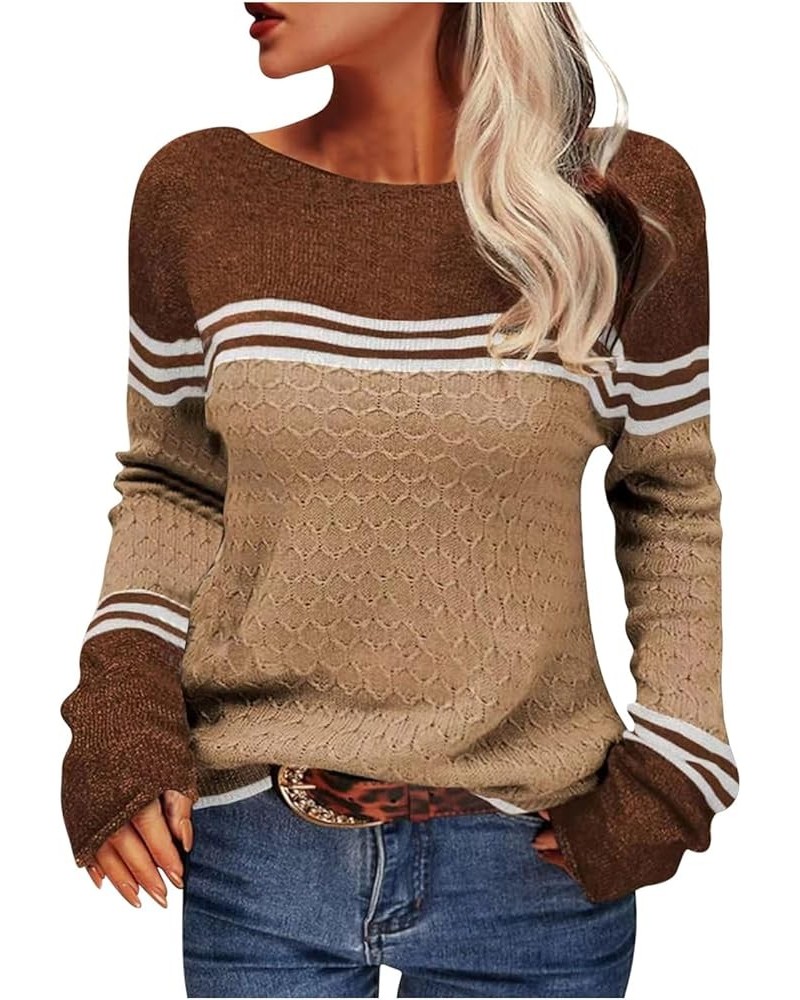 Women Trendy 2023 Sweaters Autumn Winter Colorblock Pullover Sweaters Crewneck Striped Slim Fitting Knitwear Tops Khaki $12.2...