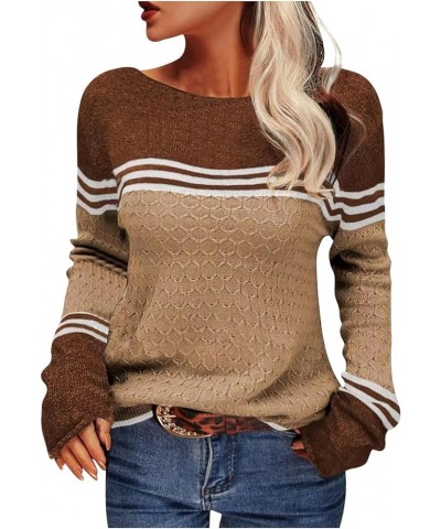 Women Trendy 2023 Sweaters Autumn Winter Colorblock Pullover Sweaters Crewneck Striped Slim Fitting Knitwear Tops Khaki $12.2...