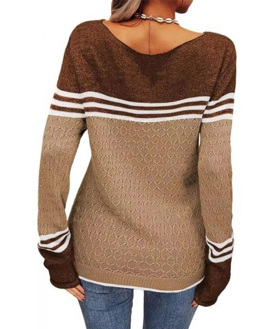 Women Trendy 2023 Sweaters Autumn Winter Colorblock Pullover Sweaters Crewneck Striped Slim Fitting Knitwear Tops Khaki $12.2...