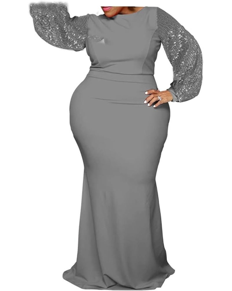 Women's Plus Size Bodycon Dress - Elegant Sequin Long Sleeve Solid Sexy Evening Party Maxi Long Dress Gray $33.03 Dresses