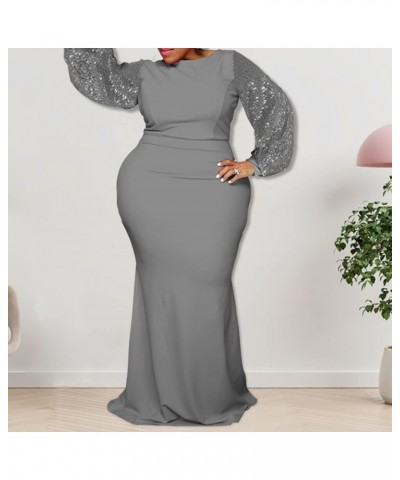 Women's Plus Size Bodycon Dress - Elegant Sequin Long Sleeve Solid Sexy Evening Party Maxi Long Dress Gray $33.03 Dresses