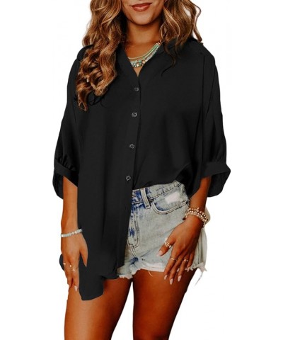 Womens Summer Oversized 3/4 Sleeve Button Down Shirts Side Slit Dressy Casual Blouses Loose Fit Tunic Tops Black $19.46 Blouses