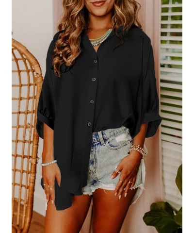 Womens Summer Oversized 3/4 Sleeve Button Down Shirts Side Slit Dressy Casual Blouses Loose Fit Tunic Tops Black $19.46 Blouses