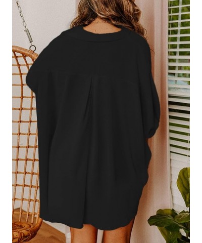 Womens Summer Oversized 3/4 Sleeve Button Down Shirts Side Slit Dressy Casual Blouses Loose Fit Tunic Tops Black $19.46 Blouses