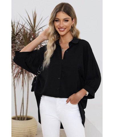 Womens Summer Oversized 3/4 Sleeve Button Down Shirts Side Slit Dressy Casual Blouses Loose Fit Tunic Tops Black $19.46 Blouses