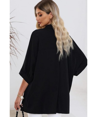 Womens Summer Oversized 3/4 Sleeve Button Down Shirts Side Slit Dressy Casual Blouses Loose Fit Tunic Tops Black $19.46 Blouses