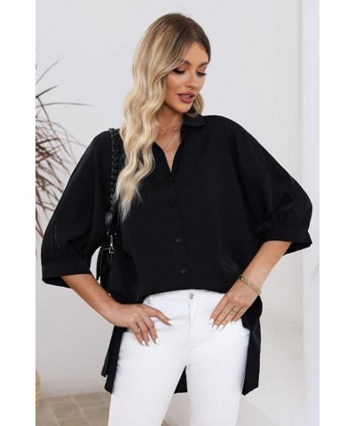 Womens Summer Oversized 3/4 Sleeve Button Down Shirts Side Slit Dressy Casual Blouses Loose Fit Tunic Tops Black $19.46 Blouses