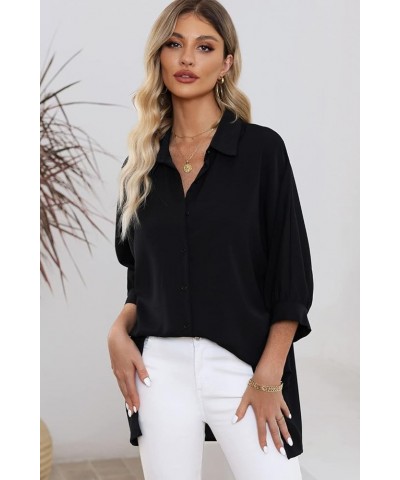 Womens Summer Oversized 3/4 Sleeve Button Down Shirts Side Slit Dressy Casual Blouses Loose Fit Tunic Tops Black $19.46 Blouses