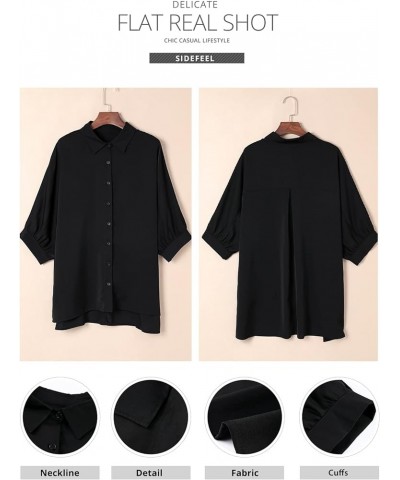 Womens Summer Oversized 3/4 Sleeve Button Down Shirts Side Slit Dressy Casual Blouses Loose Fit Tunic Tops Black $19.46 Blouses