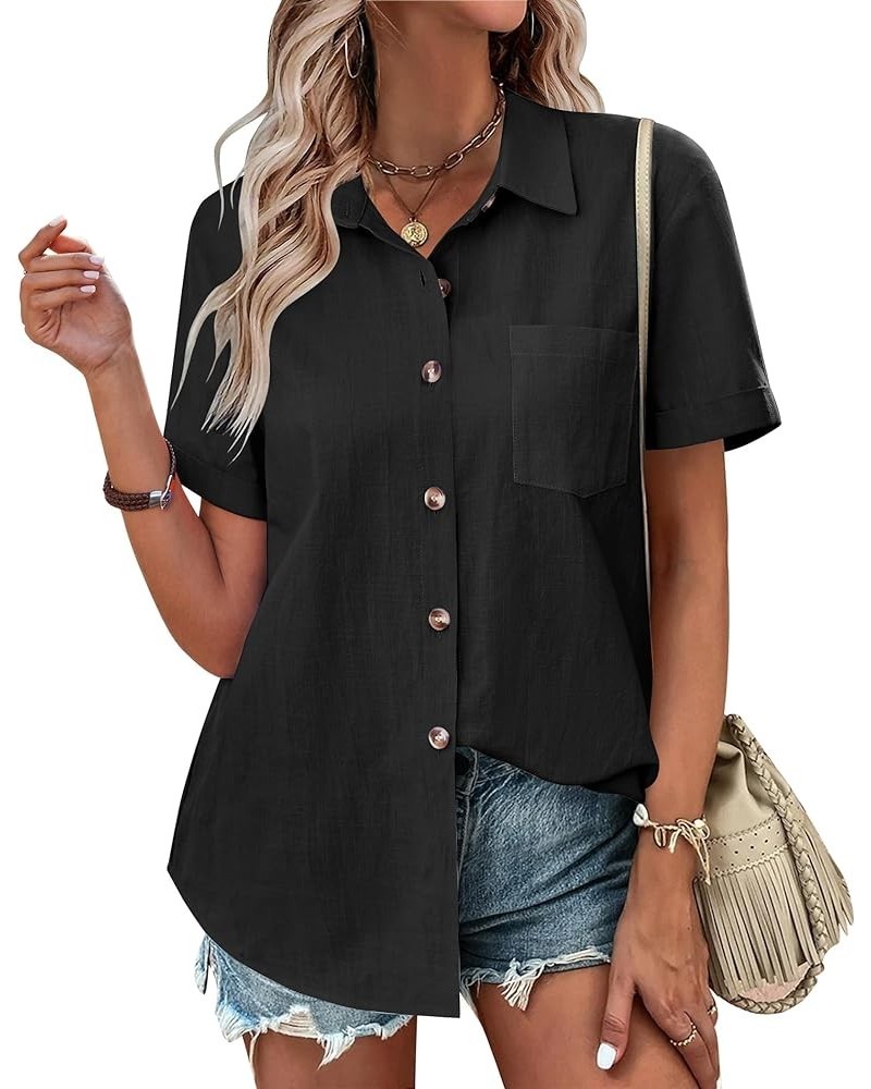 Womens Button Down Shirts Color Block Short Sleeve Cotton Linen Summer Causal Blouses Tops Black $13.80 Blouses