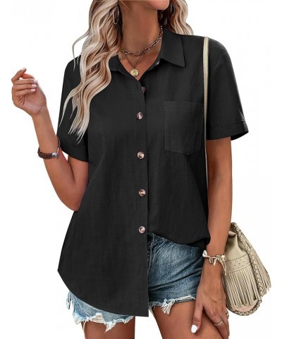 Womens Button Down Shirts Color Block Short Sleeve Cotton Linen Summer Causal Blouses Tops Black $13.80 Blouses