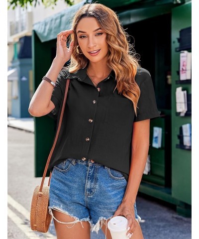 Womens Button Down Shirts Color Block Short Sleeve Cotton Linen Summer Causal Blouses Tops Black $13.80 Blouses