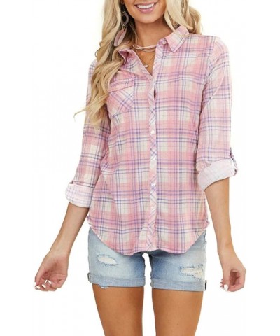 Women's Classic Plaid Shirt Button Down Shirts Roll Up Long Sleeve Cuffed Shirts Pink $16.63 Blouses