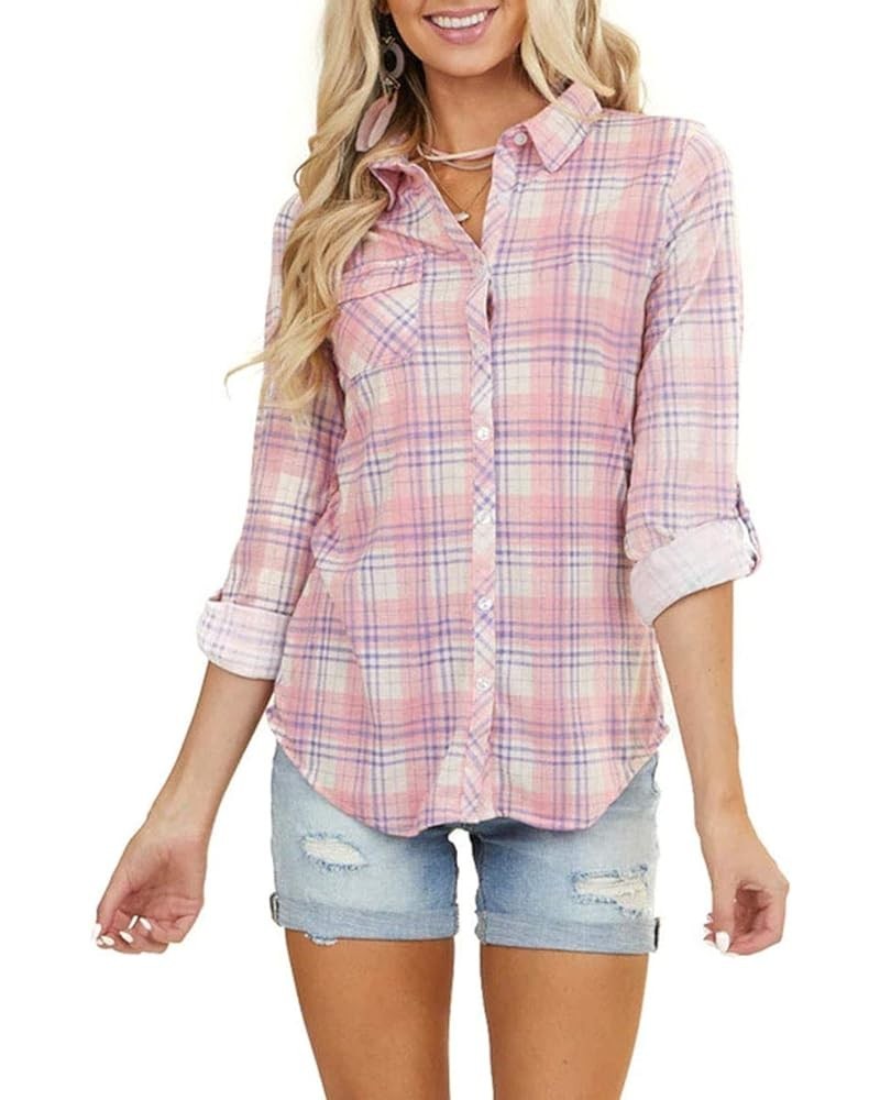 Women's Classic Plaid Shirt Button Down Shirts Roll Up Long Sleeve Cuffed Shirts Pink $16.63 Blouses