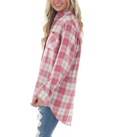 Women's Classic Plaid Shirt Button Down Shirts Roll Up Long Sleeve Cuffed Shirts Pink $16.63 Blouses