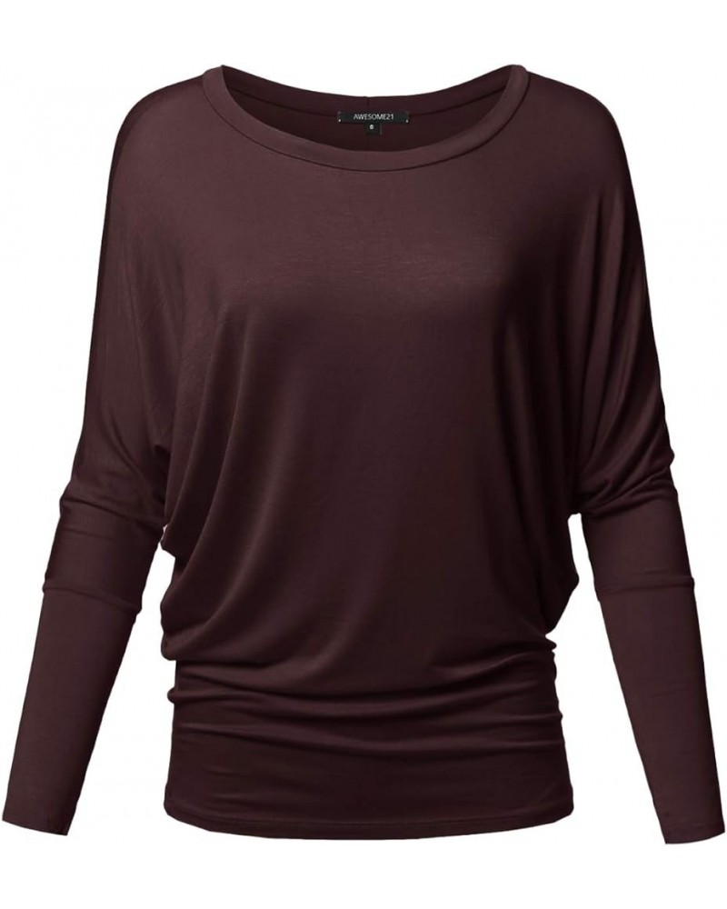 Women's Casual Solid Boat Neck Long Dolman Sleeve Top - Made in USA Aawtel0001 Brown $10.96 Tops