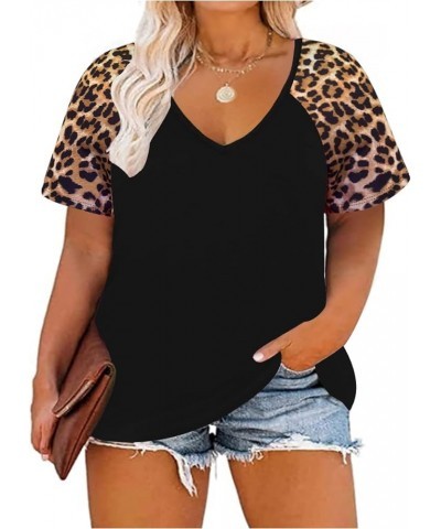 Plus Size Tops for Women Short Sleeve Color Block Raglan Sexy V Neck Shirts Tunic Spring Summer XL-5XL 14W-28W 6_ Black _ Leo...