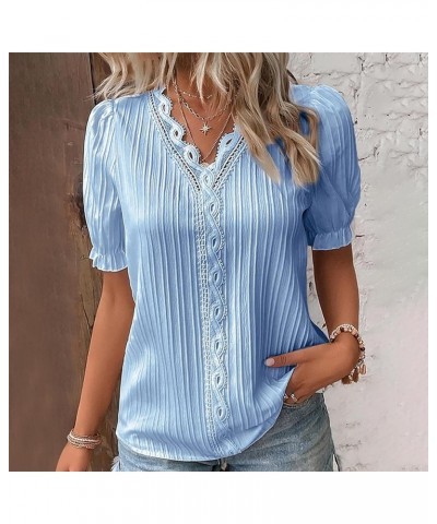 Women Lace Crochet Tops Sexy V Neck Puff Sleeve T Shirts Summer Fashion 2023 Loose fit Blouses A-sky Blue $7.45 Blouses