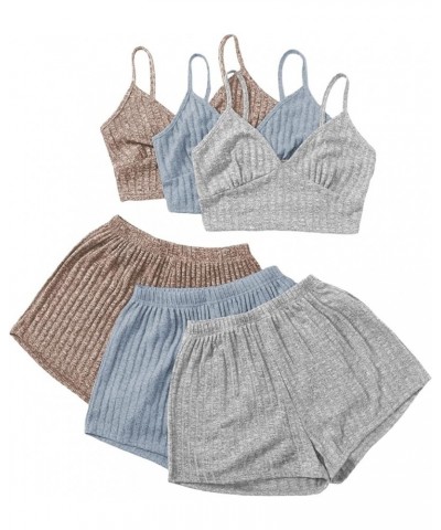 Women's 3 Sets Lounge Set Crop Cami Top Elastic Waist Shorts Rib Knit Sleepwear Pajama Set Blue Brown Grey $26.99 Sleep & Lounge