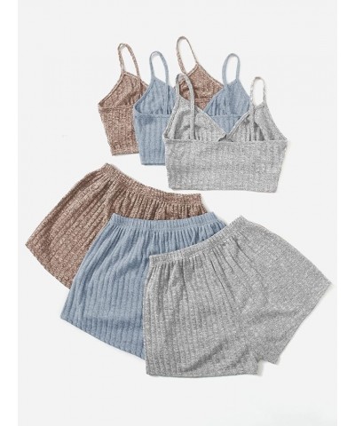 Women's 3 Sets Lounge Set Crop Cami Top Elastic Waist Shorts Rib Knit Sleepwear Pajama Set Blue Brown Grey $26.99 Sleep & Lounge