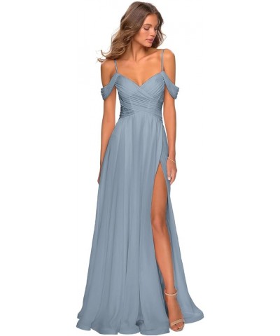 Cold Shoulder Chiffon Bridesmaid Dresses for Wedding with Pockets V Neck Long Prom Dress Formal Evening Gown Dusty Blue $24.2...