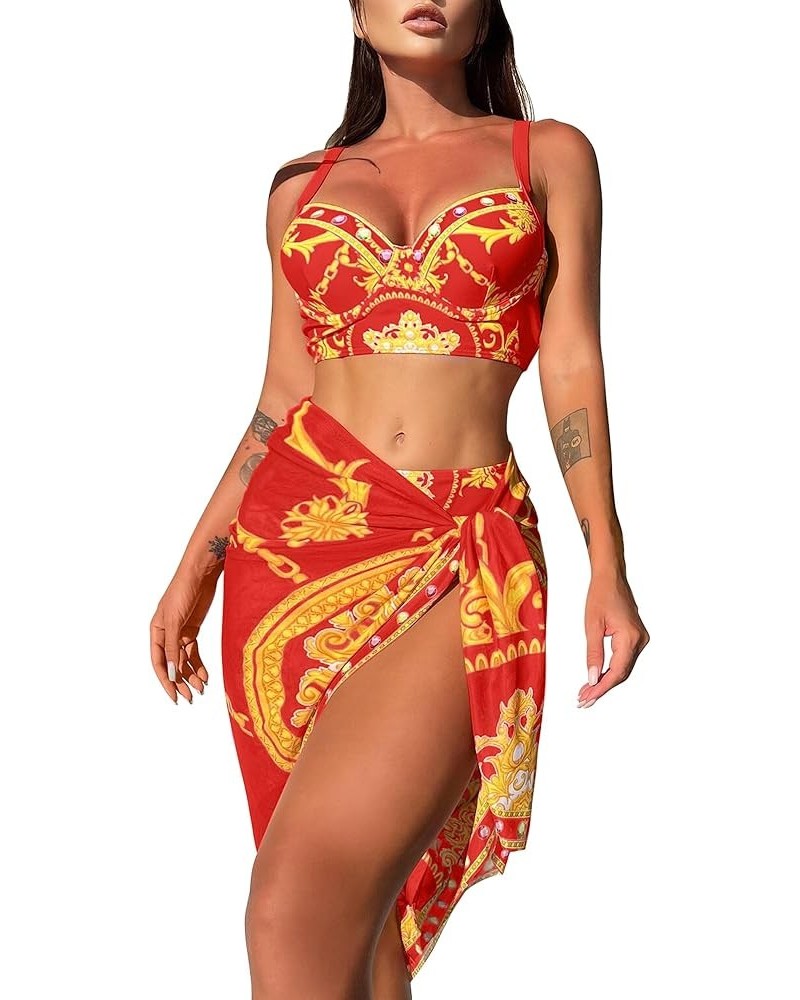 Women's 3 Piece Swimsuits BohoFeel Print Bikini Set with Cover Up Skirt Sexy Swimsuit Bathing Suits for Women Red $15.65 Swim...