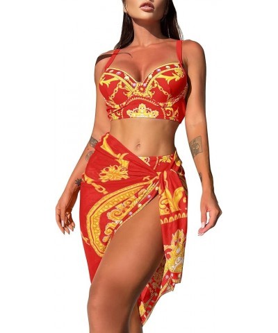 Women's 3 Piece Swimsuits BohoFeel Print Bikini Set with Cover Up Skirt Sexy Swimsuit Bathing Suits for Women Red $15.65 Swim...