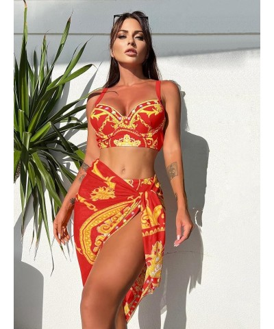 Women's 3 Piece Swimsuits BohoFeel Print Bikini Set with Cover Up Skirt Sexy Swimsuit Bathing Suits for Women Red $15.65 Swim...