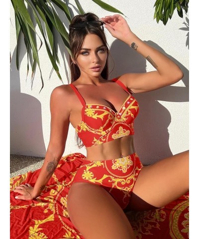 Women's 3 Piece Swimsuits BohoFeel Print Bikini Set with Cover Up Skirt Sexy Swimsuit Bathing Suits for Women Red $15.65 Swim...