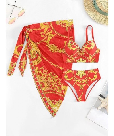 Women's 3 Piece Swimsuits BohoFeel Print Bikini Set with Cover Up Skirt Sexy Swimsuit Bathing Suits for Women Red $15.65 Swim...