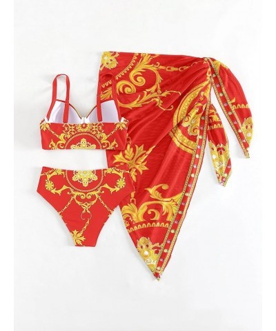 Women's 3 Piece Swimsuits BohoFeel Print Bikini Set with Cover Up Skirt Sexy Swimsuit Bathing Suits for Women Red $15.65 Swim...