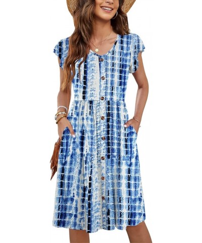 Women Summer Dresses Ruffle Sleeve Casual Loose Swing Button Down Elastic Waist Midi Dress 06 Blue Tie Dye $18.75 Dresses