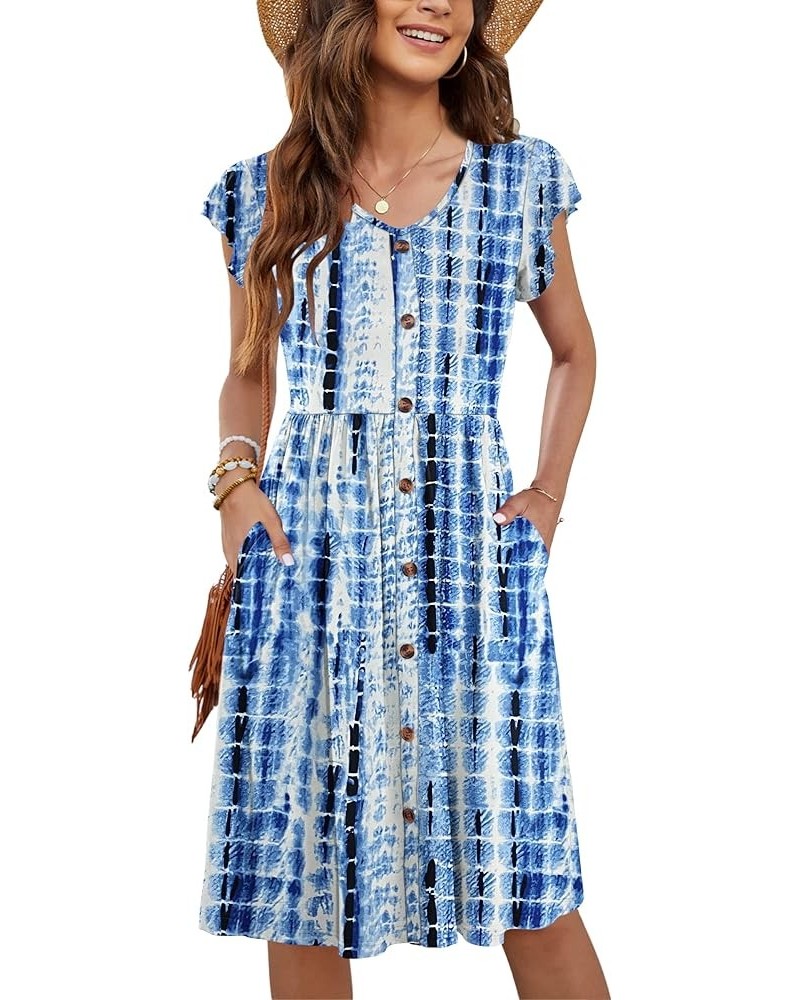 Women Summer Dresses Ruffle Sleeve Casual Loose Swing Button Down Elastic Waist Midi Dress 06 Blue Tie Dye $18.75 Dresses