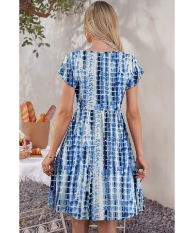 Women Summer Dresses Ruffle Sleeve Casual Loose Swing Button Down Elastic Waist Midi Dress 06 Blue Tie Dye $18.75 Dresses