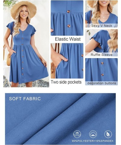 Women Summer Dresses Ruffle Sleeve Casual Loose Swing Button Down Elastic Waist Midi Dress 06 Blue Tie Dye $18.75 Dresses