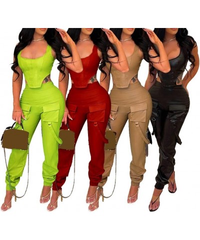 Women's PU Faux Leather Ruched 2 Piece Outfits V Neck Long Sleeve Crop Top + Stacked Pants Set 2156-green $20.16 Suits