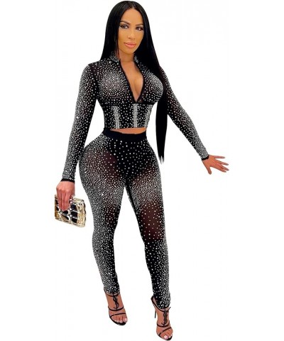 Womens Sexy 2 Pieces Mesh Rhinestone Crop Tops Shirts Bodycon Pants Party Clubwear Tracksuit Outfits Set Black $19.31 Activewear