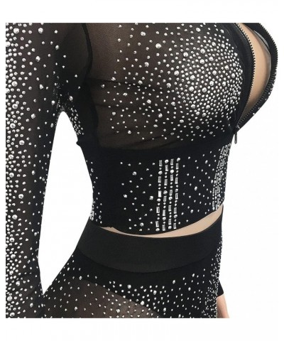 Womens Sexy 2 Pieces Mesh Rhinestone Crop Tops Shirts Bodycon Pants Party Clubwear Tracksuit Outfits Set Black $19.31 Activewear