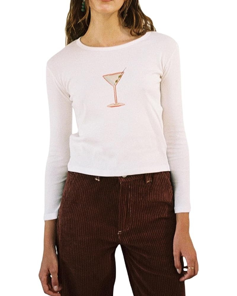 Women Fruit Print Long Sleeve Tees Round Neck Slim Fit Crop Tops 2000s Cute T Shirt Y2k Going Out Shirts A-wine Glass $6.75 T...