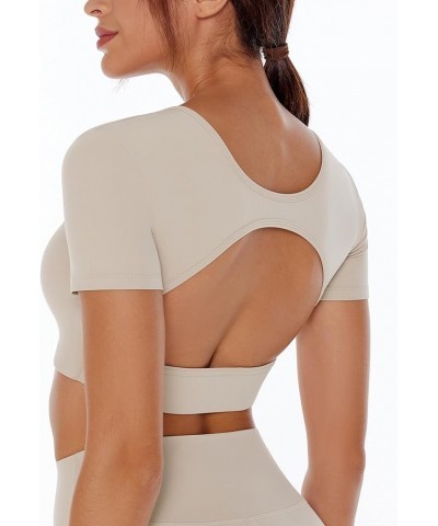 Women's Open Back Tee Workout Crop Top Yoga Built in Bra Light Compression Cream Feeling Crew Neck Gym T Shirts Khaki $16.73 ...