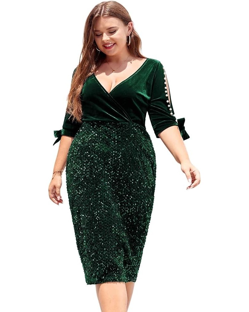 Women Plus Size Bodycon Pencil Midi Dress Stretchy Sequin Wrap V Neck Half Sleeve Velvet Party Dress 1X-5X Green $30.59 Dresses